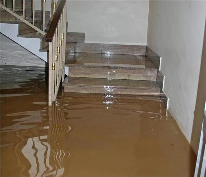 A home's interior staircase flooded with brown storm water